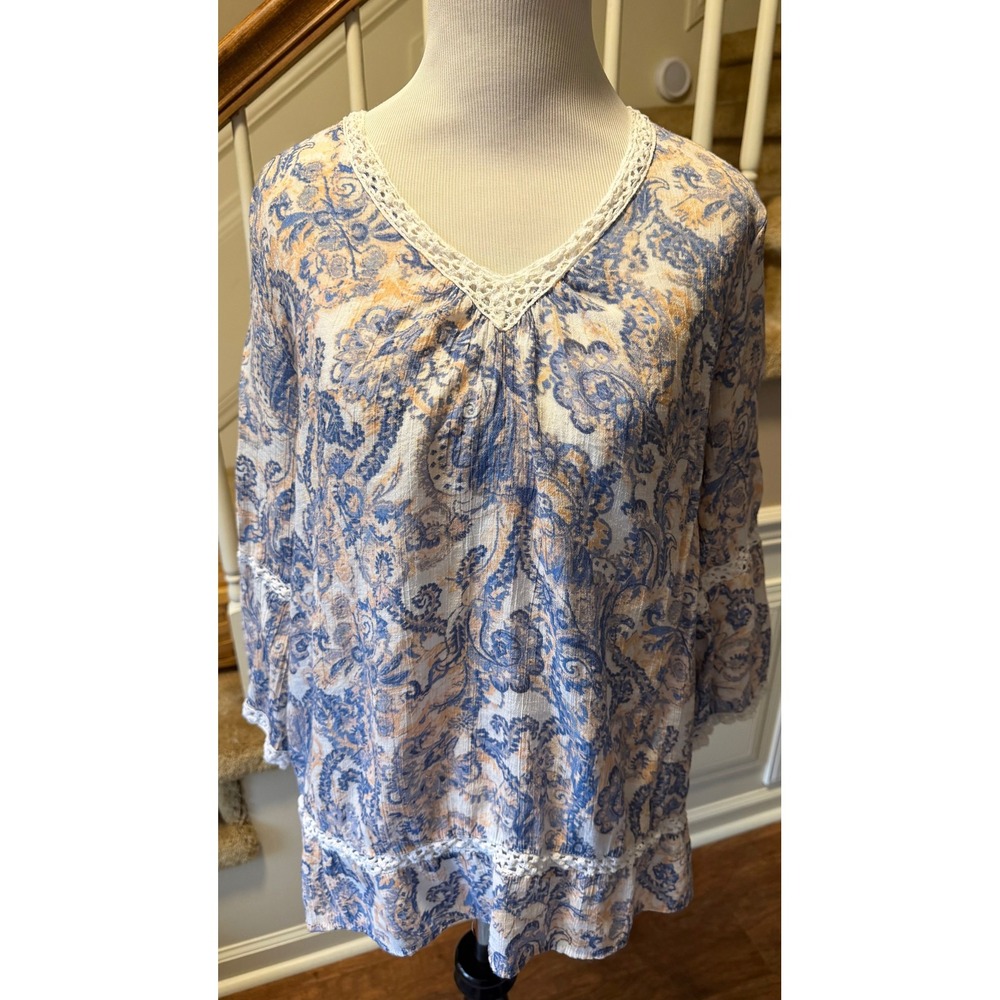 New Directions Womens Paisley V-Neck Blouse Blue Peach Crochet Lace Trim Size M